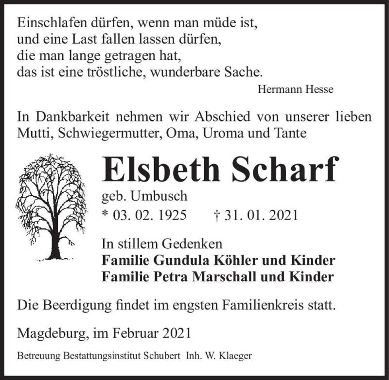  Traueranzeige für Elsbeth Scharf (geb. Umbusch)  vom 06.02.2021 aus Magdeburger Volksstimme