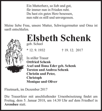 Traueranzeige von Elsbeth Schenk (geb. Scheel)  von Magdeburger Volksstimme