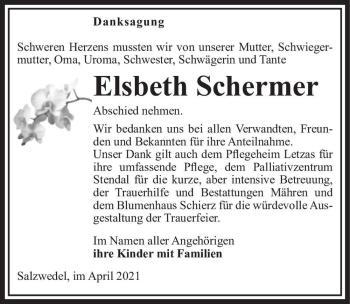 Traueranzeige von Elsbeth Schermer  von Magdeburger Volksstimme