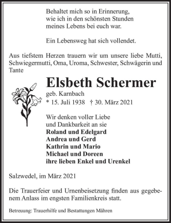 Traueranzeige von Elsbeth Schermer (geb. Karnbach)  von Magdeburger Volksstimme