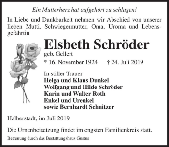 Traueranzeige von Elsbeth Schröder (geb. Gellert)  von Magdeburger Volksstimme