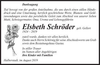 Traueranzeige von Elsbeth Schröder (geb. Gellert)  von Magdeburger Volksstimme