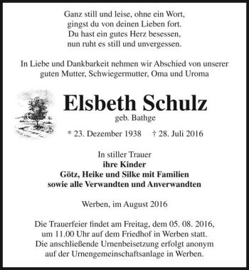 Traueranzeige von Elsbeth Schulz (geb. Bathge)  von Magdeburger Volksstimme