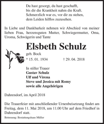 Traueranzeige von Elsbeth Schulz (geb. Bock)  von Magdeburger Volksstimme