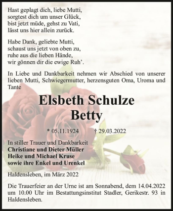 Traueranzeige von Elsbeth Schulze 