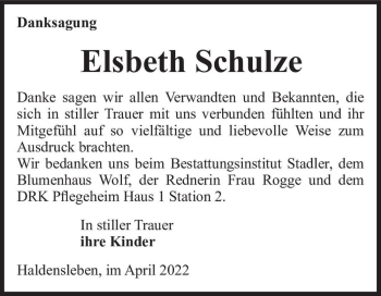 Traueranzeige von Elsbeth Schulze  von Magdeburger Volksstimme
