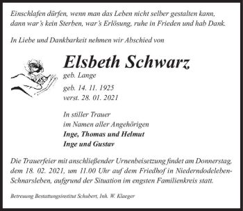 Traueranzeige von Elsbeth Schwarz (geb. Lange)  von Magdeburger Volksstimme