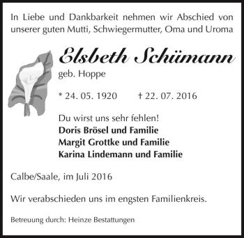 Traueranzeige von Elsbeth Schümann (geb. Hoppe)  von Magdeburger Volksstimme