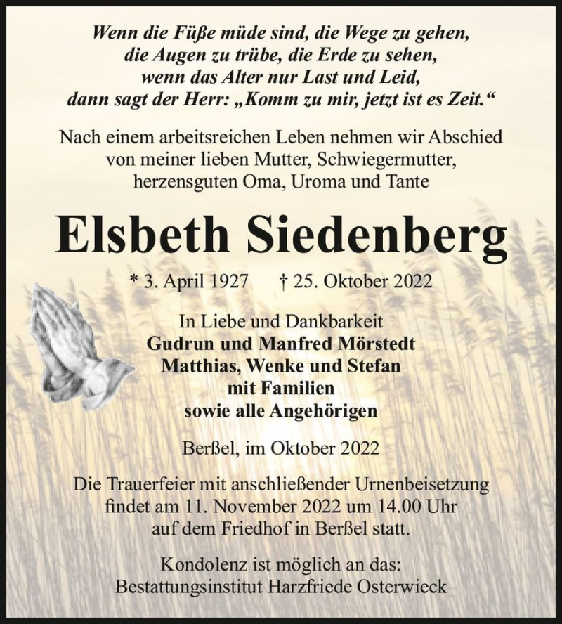  Traueranzeige für Elsbeth Siedenberg  vom 29.10.2022 aus Magdeburger Volksstimme