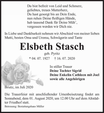 Traueranzeige von Elsbeth Stasch (geb. Pyritz)  von Magdeburger Volksstimme