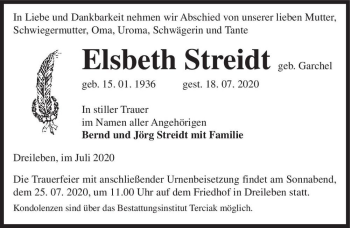Traueranzeige von Elsbeth Streidt (geb. Garchel)  von Magdeburger Volksstimme