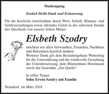 Traueranzeige von Elsbeth Szodry  von Magdeburger Volksstimme