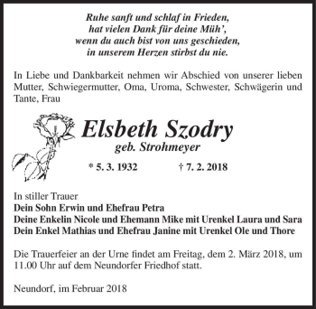 Traueranzeige von Elsbeth Szodry (geb. Strohmeyer)  von Magdeburger Volksstimme