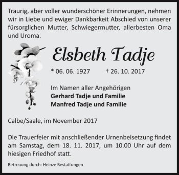 Traueranzeige von Elsbeth Tadje  von Magdeburger Volksstimme