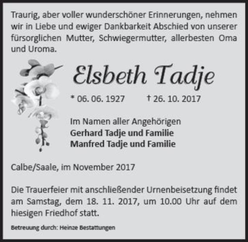 Traueranzeige von Elsbeth Tadje  von Magdeburger Volksstimme