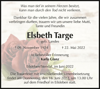 Traueranzeige von Elsbeth Targe (geb. Landes)  von Magdeburger Volksstimme