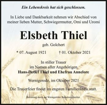 Traueranzeige von Elsbeth Thiel (geb. Golchert)  von Magdeburger Volksstimme