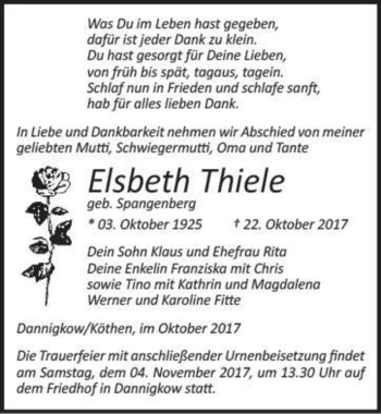 Traueranzeige von Elsbeth Thiele (geb. Spangenberg)  von Magdeburger Volksstimme