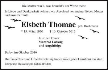 Traueranzeige von Elsbeth Thomae (geb. Brohmann)  von Magdeburger Volksstimme