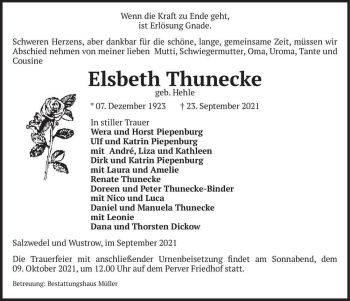 Traueranzeige von Elsbeth Thunecke (geb. Hehle)  von Magdeburger Volksstimme