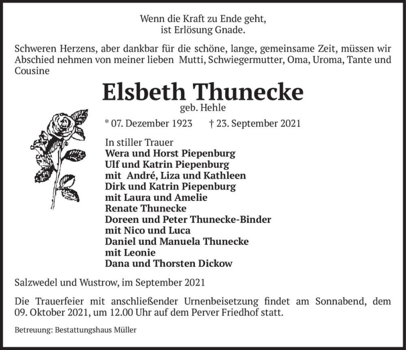  Traueranzeige für Elsbeth Thunecke (geb. Hehle)  vom 25.09.2021 aus Magdeburger Volksstimme