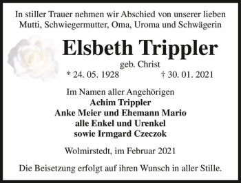 Traueranzeige von Elsbeth Trippler (geb. Christ)  von Magdeburger Volksstimme