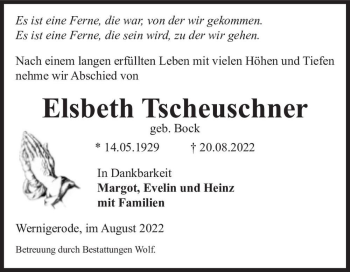 Traueranzeige von Elsbeth Tscheuschner (geb. Bock)  von Magdeburger Volksstimme