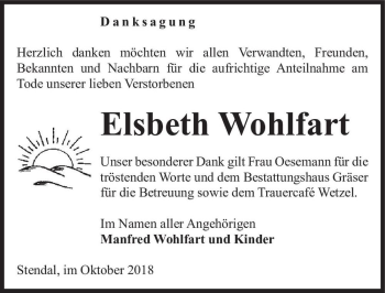 Traueranzeige von Elsbeth Wohlfart  von Magdeburger Volksstimme