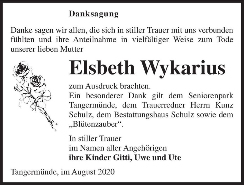  Traueranzeige für Elsbeth Wykarius  vom 15.08.2020 aus Magdeburger Volksstimme