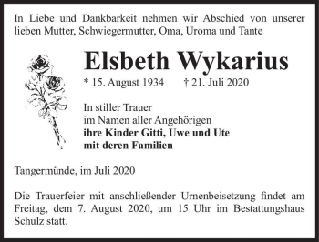 Traueranzeige von Elsbeth Wykarius  von Magdeburger Volksstimme
