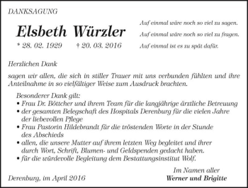 Traueranzeige von Elsbeth Würzler  von Magdeburger Volksstimme