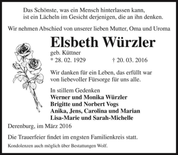 Traueranzeige von Elsbeth Würzler (geb. Küttner)  von Magdeburger Volksstimme