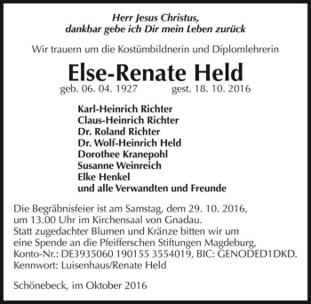 Traueranzeige von Else-Renate Held  von Magdeburger Volksstimme
