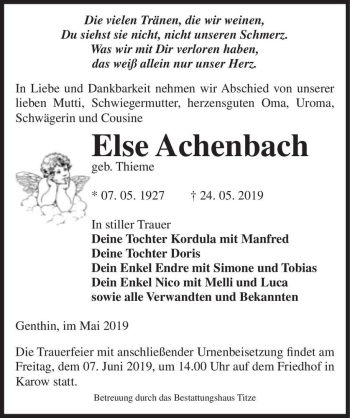 Traueranzeige von Else Achenbach (geb. Thieme)  von Magdeburger Volksstimme