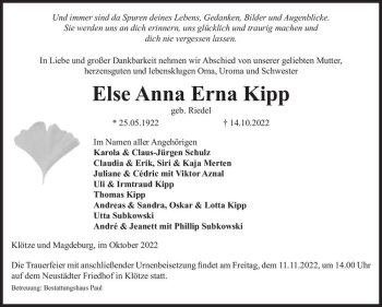 Traueranzeige von Else Anna Erna Kipp (geb. Riedel)  von Magdeburger Volksstimme