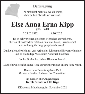 Traueranzeige von Else Anna Erna Kipp (geb. Riedel)  von Magdeburger Volksstimme