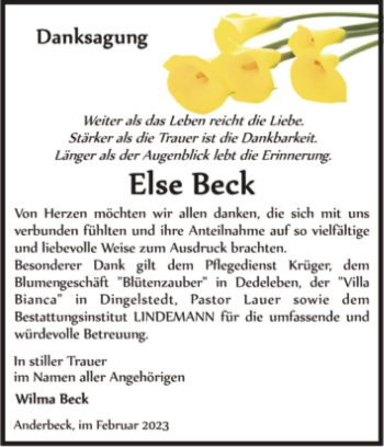 Traueranzeige von Else Beck  von Magdeburger Volksstimme