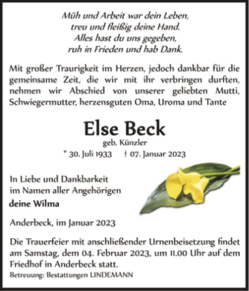 Traueranzeige von Else Beck (geb. Künzler)  von Magdeburger Volksstimme