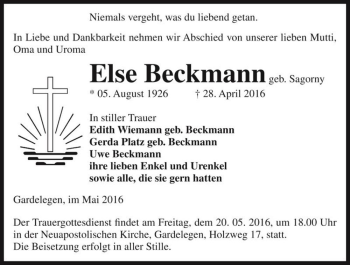 Traueranzeige von Else Beckmann (geb. Sagorny)  von Magdeburger Volksstimme