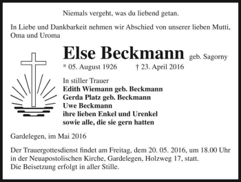 Traueranzeige von Else Beckmann (geb. Sagorny)  von Magdeburger Volksstimme