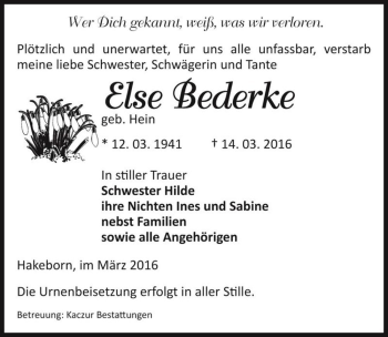 Traueranzeige von Else Bederke (geb. Hein)  von Magdeburger Volksstimme