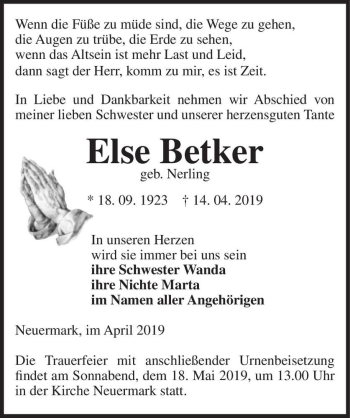 Traueranzeige von Else Betker (geb. Nerling)  von Magdeburger Volksstimme