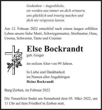 Traueranzeige von Else Bockrandt (geb.  Geiger)  von Magdeburger Volksstimme