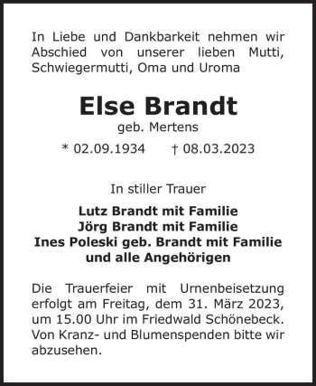Traueranzeige von Else Brandt (geb. Mertens)  von Magdeburger Volksstimme
