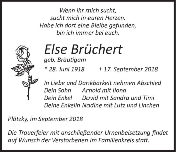 Traueranzeige von Else Brüchert (geb. Bräutigam)  von Magdeburger Volksstimme
