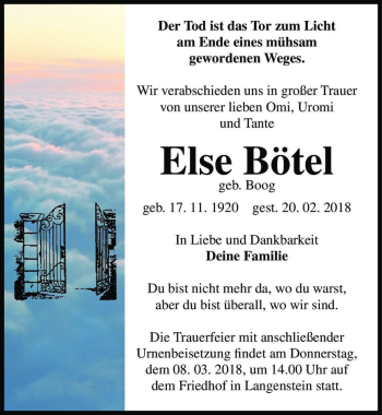 Traueranzeige von Else Bötel (geb. Boog)  von Magdeburger Volksstimme