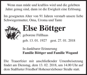 Traueranzeige von Else Böttger (geb. Füllhaas)  von Magdeburger Volksstimme