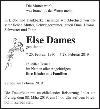 Traueranzeige von Else Dames (geb. Janott)  von Magdeburger Volksstimme