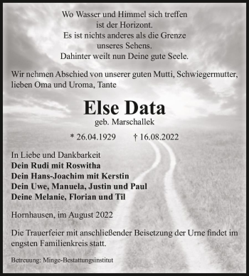 Traueranzeige von Else Data (geb. Marschallek)  von Magdeburger Volksstimme