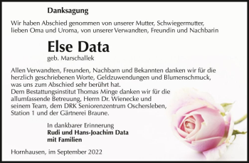 Traueranzeige von Else Data (geb. Marschallek)  von Magdeburger Volksstimme